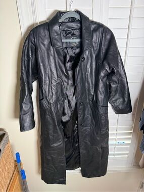Classic Black Leather Coat for Women- Unbranded